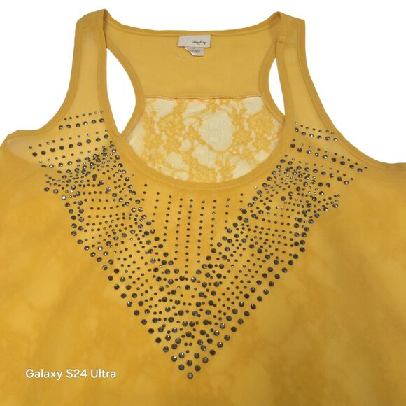 Daytrip Yellow Racerback Tank Top Rhinestones Sheer Lace Overlay Medium - Picture 8 of 12